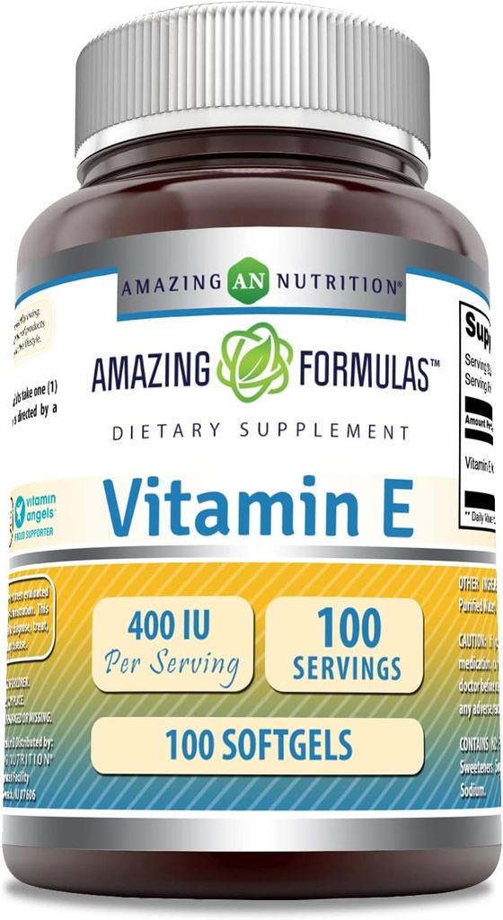 Fórmulas asombrosas Vitamina E 400 UI Por Servir Suplemento TENIDO NO-OMG TENIDO Gluten Gratis (100 Softgels)