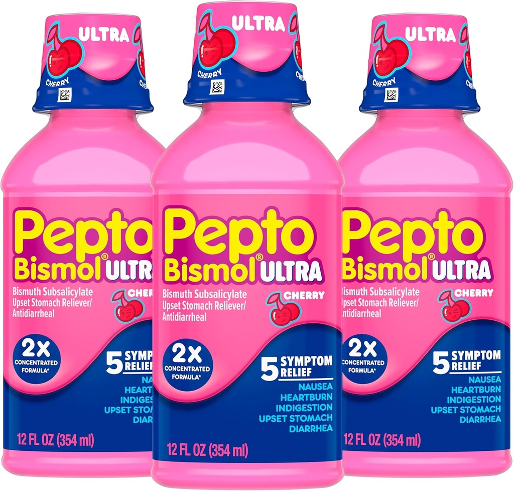 Pepto Bismol Liquid Ultra for Nausea, Heartburn, Indigestion, Upset Stomach y Diarrhea - 5 Symptom Fast Relief, Cherry Flavor 12 oz (Pack of 3)