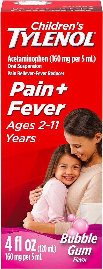 Children's Tylenol Oral Suspension Medicine, Kids' Liquid medicine Pain Reliever & Fever Reducer for Cold + Flu Symptoms, Aspirin-, Ibuprofen- & Alcohol- Free, Bubble Gum, 4 fl. oz