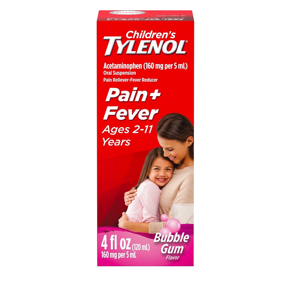 Medicina de la Suspensión Oral de Tylenol para niños, Relieve de Dolor de Medicamento Líquido para niños &amp; Reductor de fiebre para los síntomas de la fiebre + gripe, Aspirina-, Ibuprofeno- " Alcohol- Gratis, Bubble Gum, 4 fl. oz