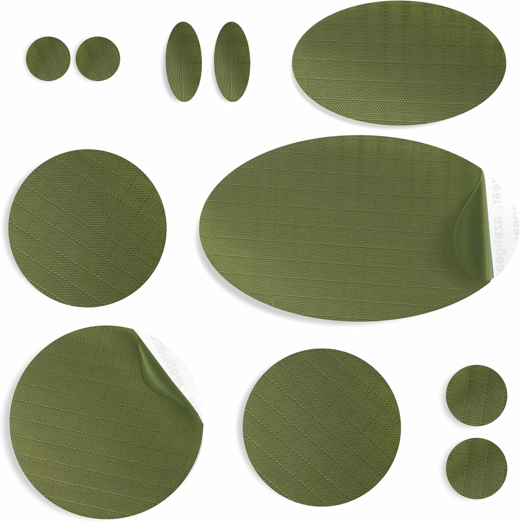 aZengear Patches de reparación para chaquetas, Tent, Shoe Toe, Air Mattress, Inflatables, PVC Gear - impermeable, autoadhesivo, Tear-Cold-Heat-Resistant, Down Puffer Coat (11 Pcs, Olive)
