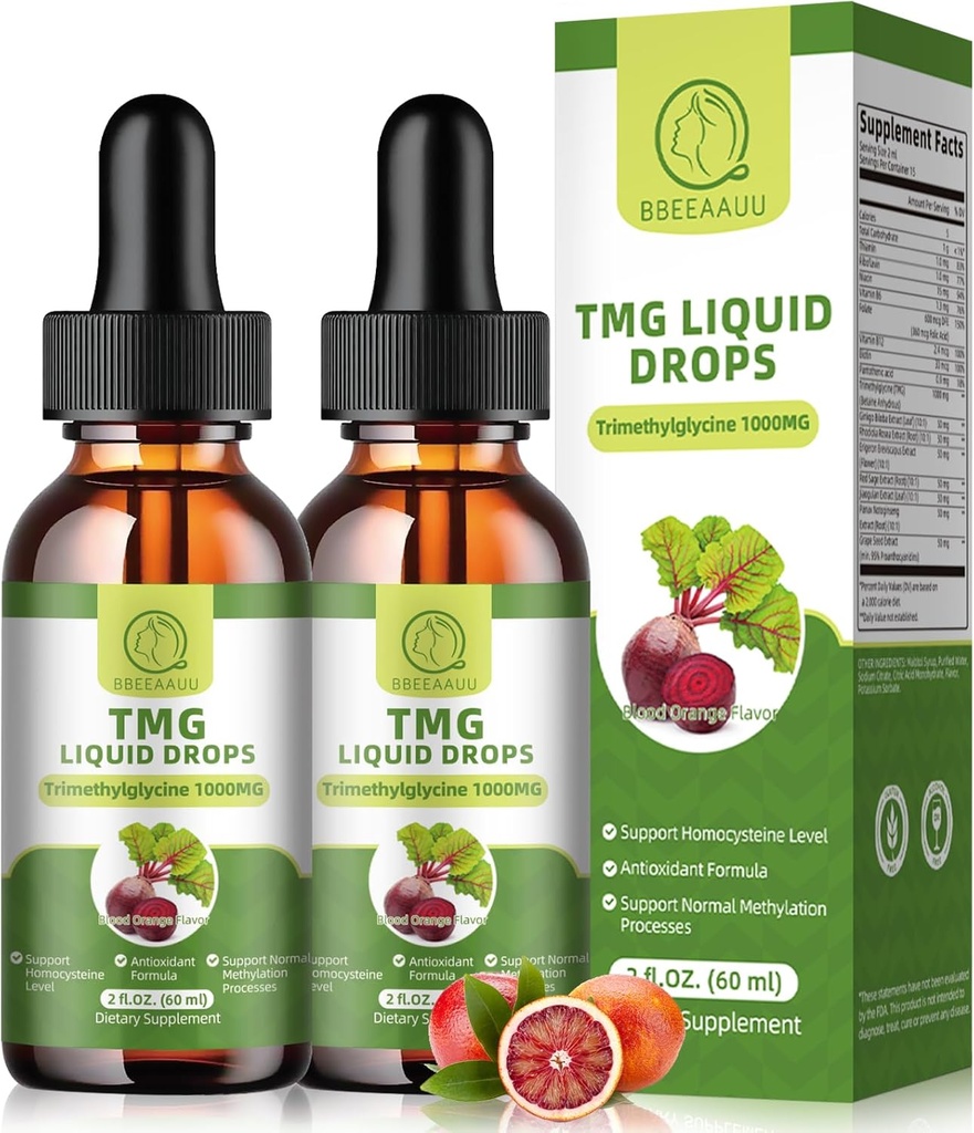 TMG Supplements 1000MG - Trimetilglycine Liquid Drops, Betaine High Absorption, Supports Methylation, Liver Wellness & Cognitive, Non-GMO, Vegan, Blood Orange Flavor, 2 Fl.Oz (2 Pack)