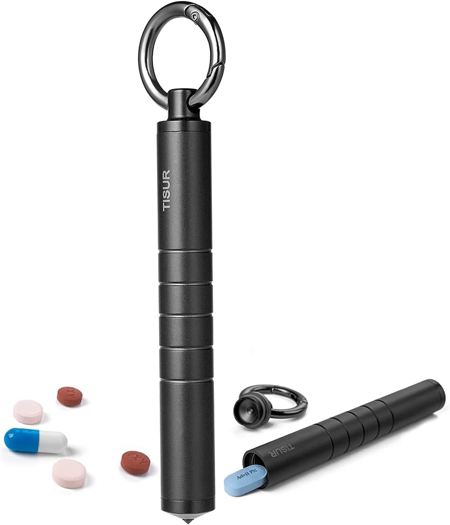 TISUR Small Metal Pill Organizer, Titanium Keychain Pill Holder Travel Pill Box Funda Multitool EDC Cada día Carry for Men (Black Titanium)