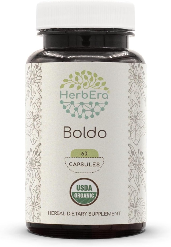HerbEra Boldo USDA Organic 60 Capsules Silencio Natural Herbal Suplemento Silencio Certified Organic Vegetarian Capsules and Organic Boldo (Peumus boldus) Leaf seco (60 cápsulas)
