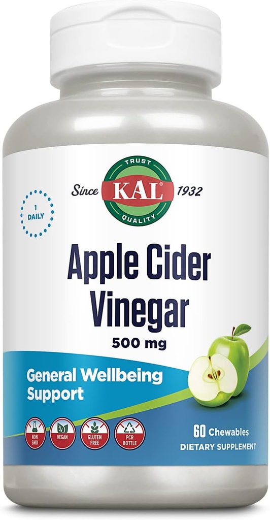 KAL Chewable Tablets, Apple Cider Vinegar, 500 mg, 60 Conteo