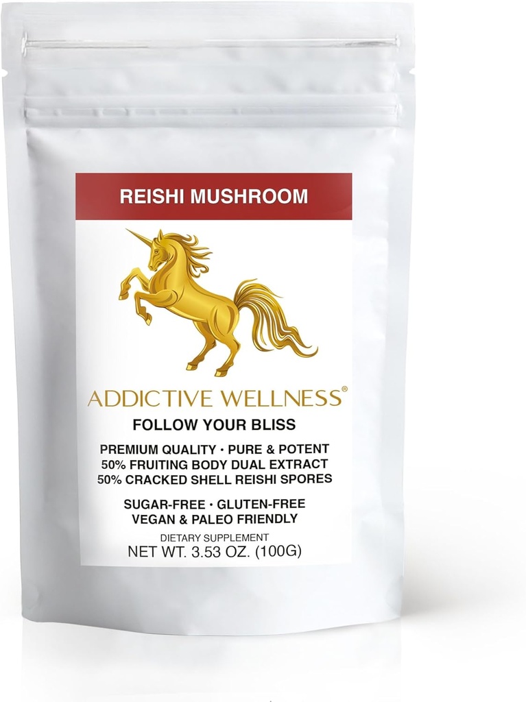 Addictive Wellness Reishi Mushroom Extract Powder + Spores (50/50 Blend) Wood Grown Pure & Potent Wildcrafted Ganoderma (100 Grams)