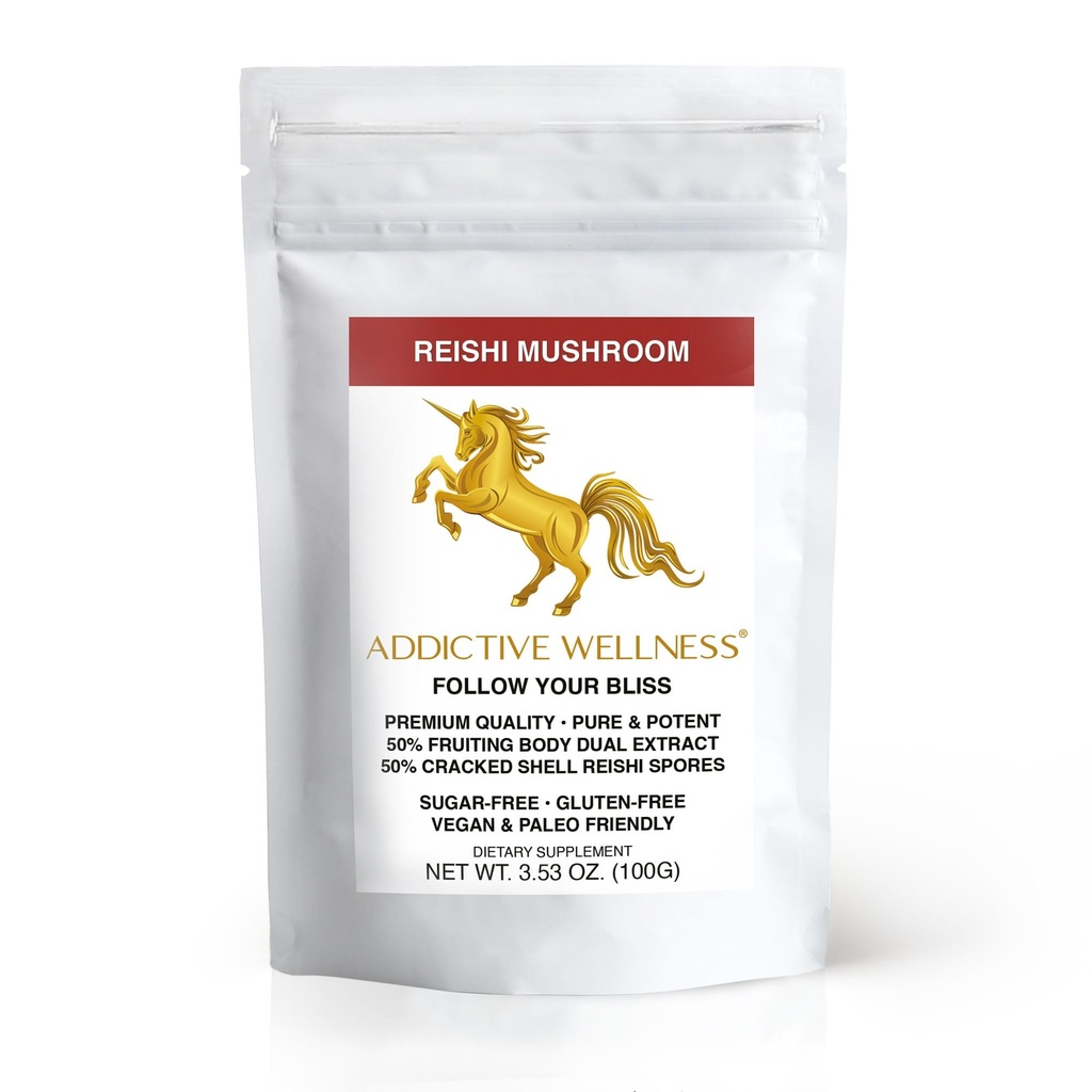 Addictive Wellness Reishi Mushroom Extract Powder + Spores (50/50 Blend) Wood Grown Pure & Potent Wildcrafted Ganoderma (100 Grams)
