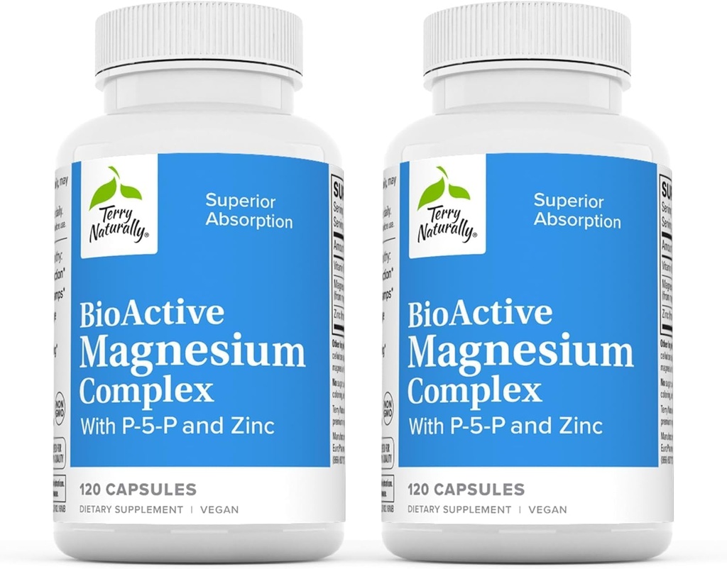 Complejo de Magnesio BioActivo de Terry Naturalmente - Bono &amp; Heart Health Support - Suplemento con Vitamina B6, Zinc &amp; Magnesio - Pyridoxal-5-Phosphate Vegan Capsule Suplemento - 120 Capsules (Pack of 2)