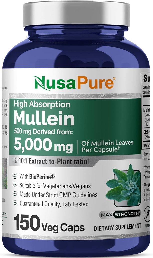 NusaPure Mullein Leaf Capsules 10:1 Extracto, 500 mg Equivalente a 5.000 mg por Veggie Caps - 150 Conde - Verbascum Thapsus (No-GMO, Vegan) Suplemento dietético
