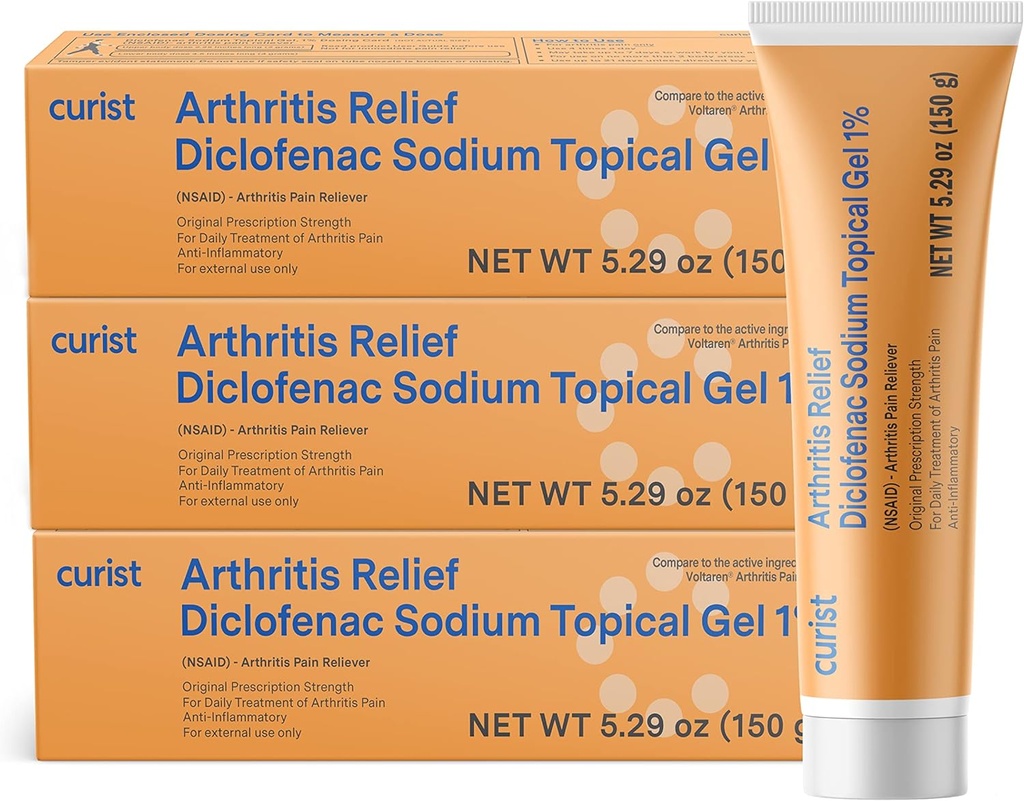 Curist Diclofenac Artritis Crema Gel 1% (3 Tubos de 150g)- Stop Pain en Wrists, Pies, Codos, &amp; Tobillos. Artritis de la mano Alivio de la manija &amp; Artritis de rodilla Alivio del dolor (3 Pack, 5.29 oz ea.)