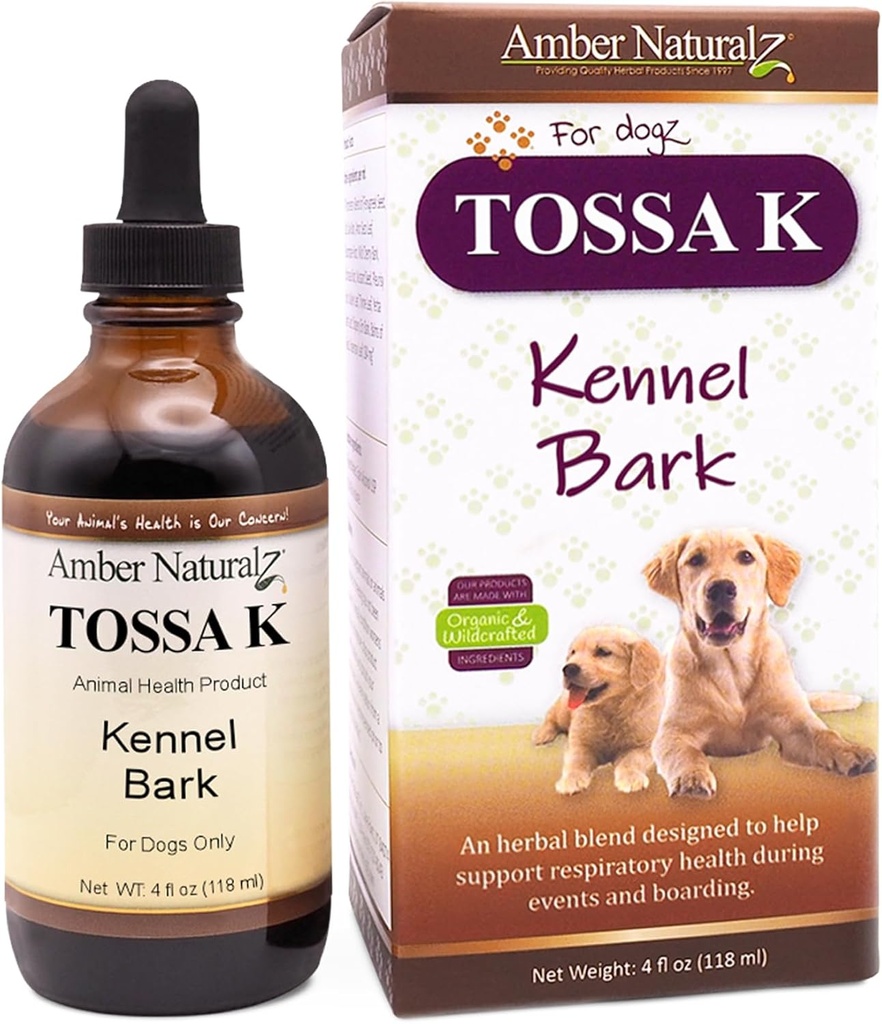Amber NaturalZ Tossa K Kennel Bark Herbal Supplements for Dogs and Puppies | Canine Herbal Blend for Respiratory Health | 4 Fluid Ounce Glass Bottle | Globally Sourced Ingredients | Made in The USA