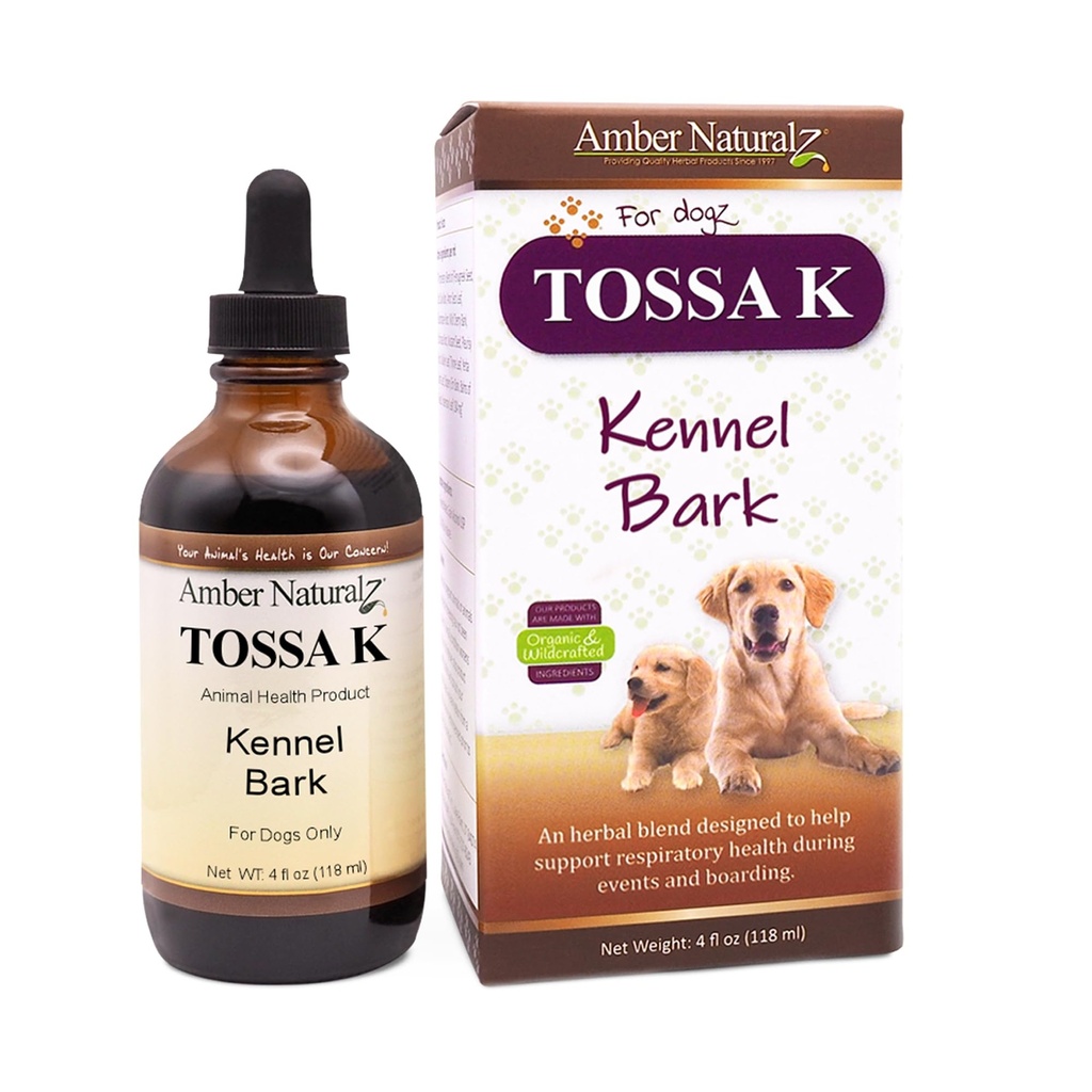 Amber NaturalZ Tossa K Kennel Bark Suplementos herbales para perros y cachorros  Canine Herbal Blend for Respiratory Health Silencio 4 Fluid Ounce Glass Bottle ← Ingredientes de origen mundial ← Made in the USA