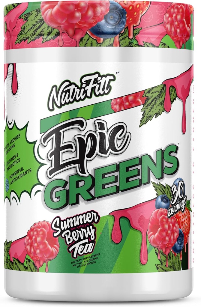 NutriFitt Epic Greens, Packed with Antioxidants, Fruits, Veggies, and Mushrooms, Boost Performance, Speed Up Recovery (30 Servings, Summer Berry Tea)