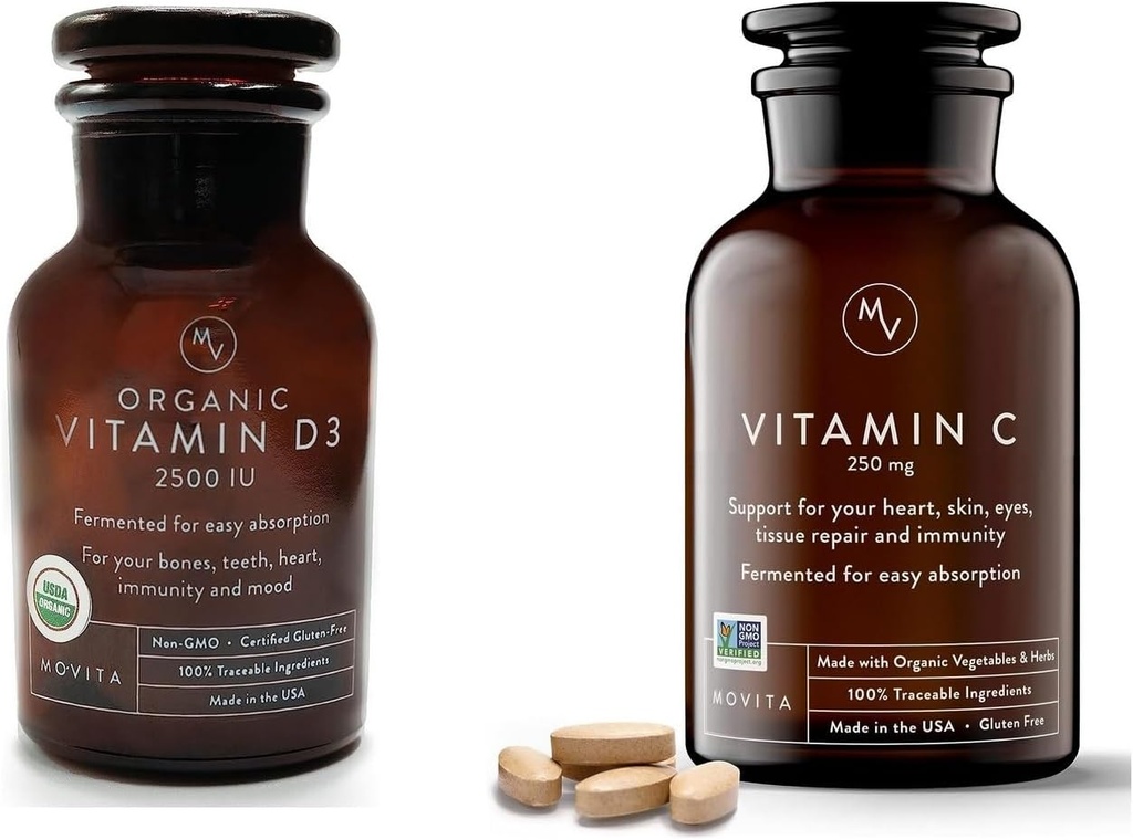 Movita Vitamina orgánica D3 2500IU, Botella de vitamina C 250mg