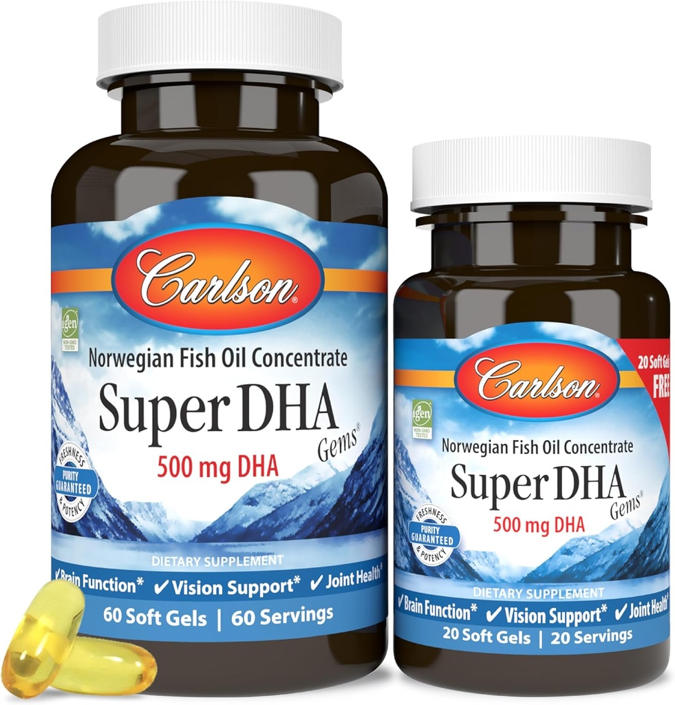 Carlson - Super DHA Gems, 500 mg DHA Suplementos, 640 mg Ácidos grasos, concentrado de aceite de pescado ártico noruego de caza silvestre, cápsulas de aceite de pescado nórdico de origen sostenible, 60+20 Softgels