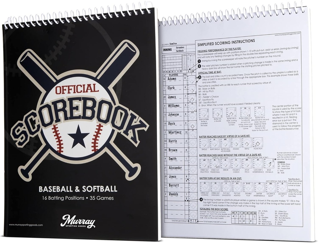 Murray Sporting Goods Béisbol &amp; Softball Scorebook - 35 Games Score Book - Score Keeping Book for Stats - Adult, Youth, Little League Baseball Softball Scorebook for Scorekeepers