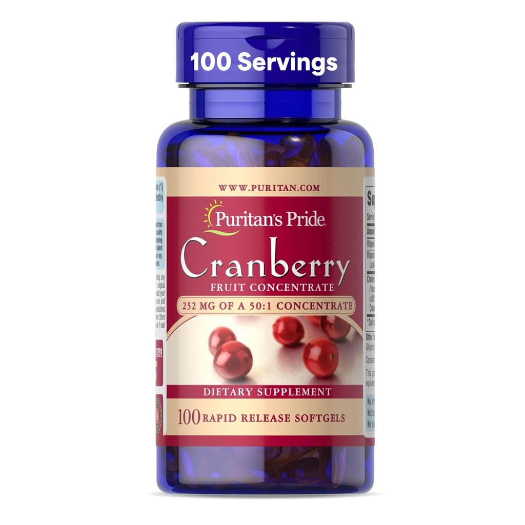 Pride Premium Cranberry Fruit Concentrate 252mg (12,600mg Equivalente) con vitaminas C y E, Suplemento dietético para soporte del sistema inmunitario, 100 Rapid Release Softgels
