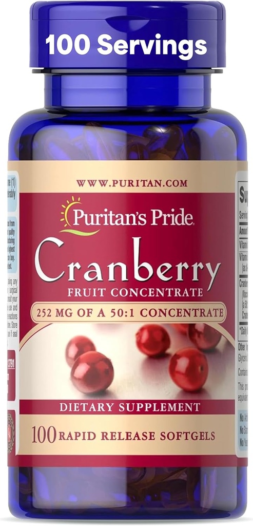 Puritan's Pride Premium Cranberry Fruit Concentrate 252mg (12,600mg Equivalent) with Vitamins C and E, Dietary Supplement for Immune System Support, 100 Rapid Release Softgels