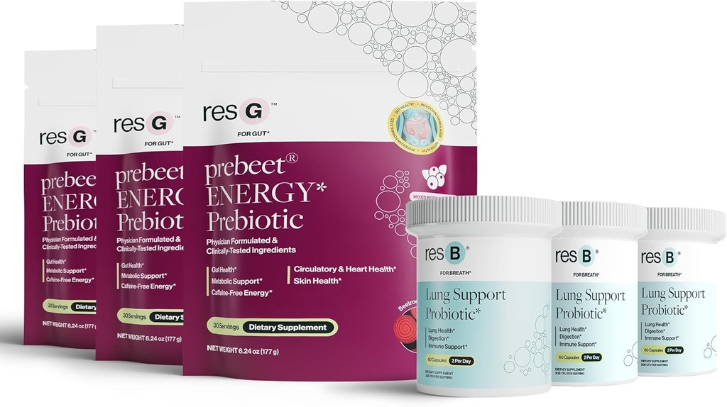 Power Gut Bundle - Lung Probiotic & GLP-1 Prebiotic, Clinically Trialed Respiratory Health Support " Metabolism Boost, Suplemento Vitaminas - resB (90 Servings) " prebeet (90 Servings)