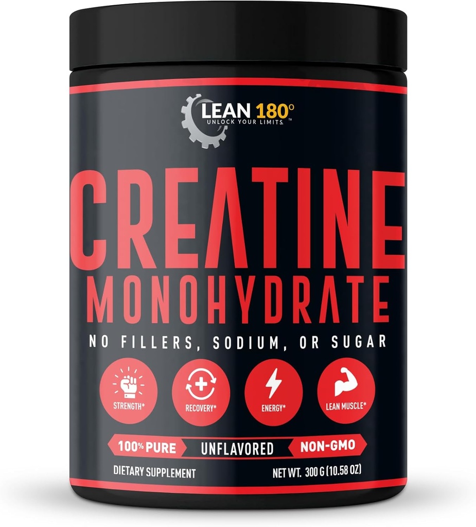 Lean 180 ← Mejor Monohidrato de Creatina Suplemento TENIDO 100% Polvo puro TENIDO Rendimiento atlético mejorado, músculo, recuperación, función cerebral TENIDO Gluten Free, Lab Tested, Unflavored - (60 Servings)