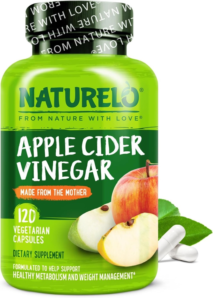 Cápsulas de vinagre de la sidra NATURELO - ACV natural con suplemento materno para hombres y mujeres para desintoxicación, limpieza y control de peso - 120 Cápsulas veganos