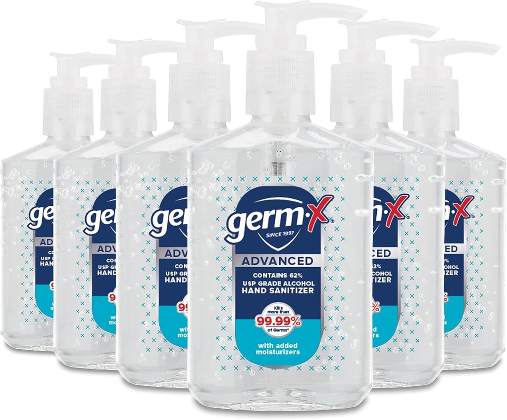 Germ-X Advanced Hand Sanitizer, Non-Drying Moisturizing Clear Gel, Instant and No Rinse Formula, Volver a School Supplies College, Pump Bottle, 8 Fl Oz (Pack of 6)