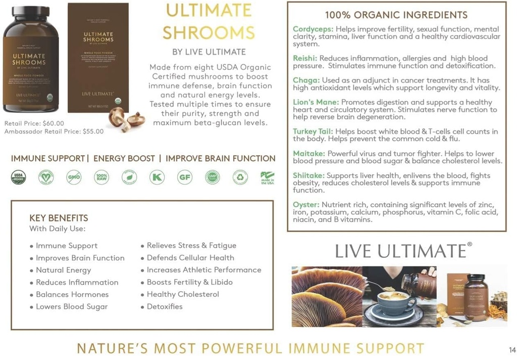 Live Ultimate Shrooms USDA Certified Whole Food Mushroom Extract Powder - 8 Mushrooms orgánicos incluyendo Chaga, Cordyceps y Reishi Mushroom Extract - Energía Natural, Apoyo Inmunitario y Detox