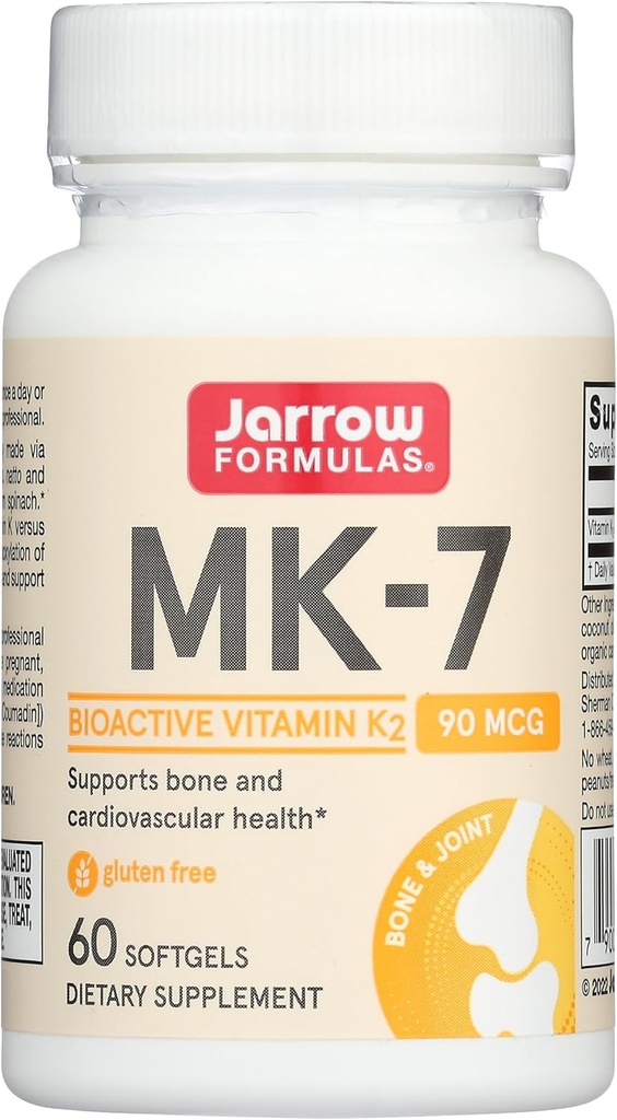 Fórmulas Jarrow MK-7 90 mcg - Forma bioactiva de la vitamina K2-60 Servings (Softgels) - para la salud cardiovascular ósea - Vitamina K2 MK-7 Suplemento dietético - K2 Suplemento vitamina MK-7 - Gluten Free