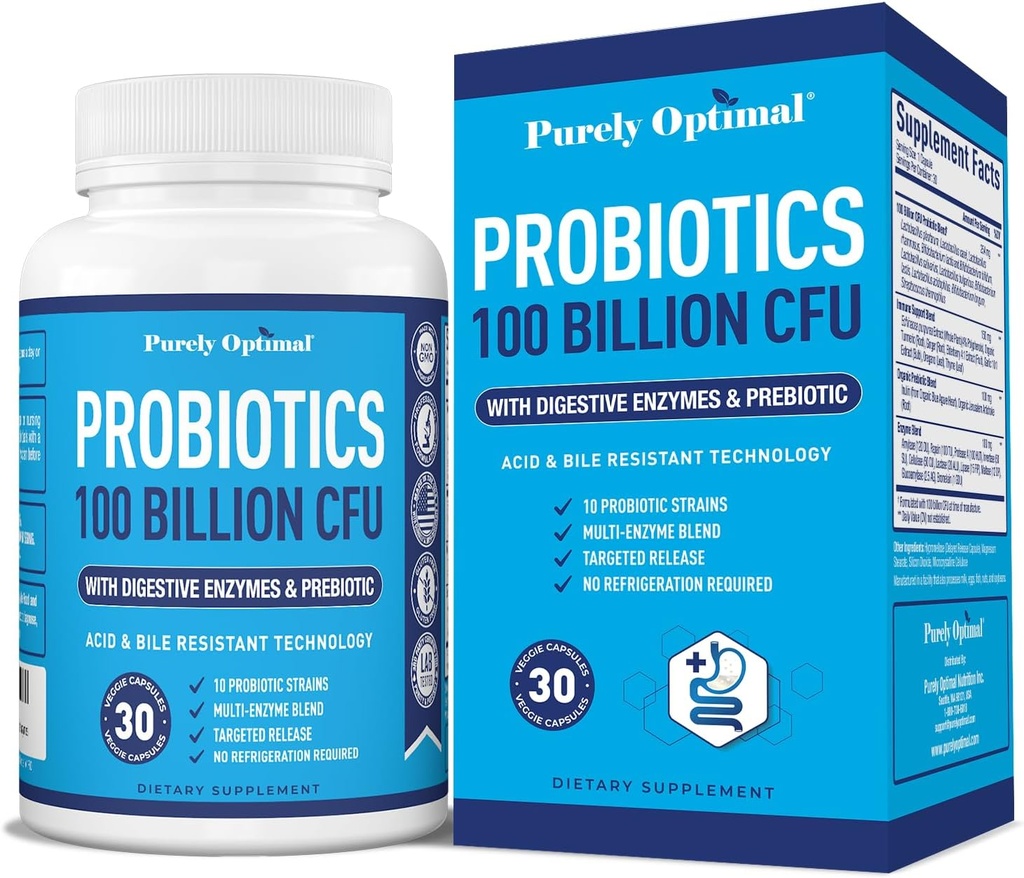 Probióticos Premium Puramente Optimal (Tipos Varios) w / Prebióticos Orgánicos Enzimas Digestivos (30 Conde (Pack of 1), 100 Billion CFU)