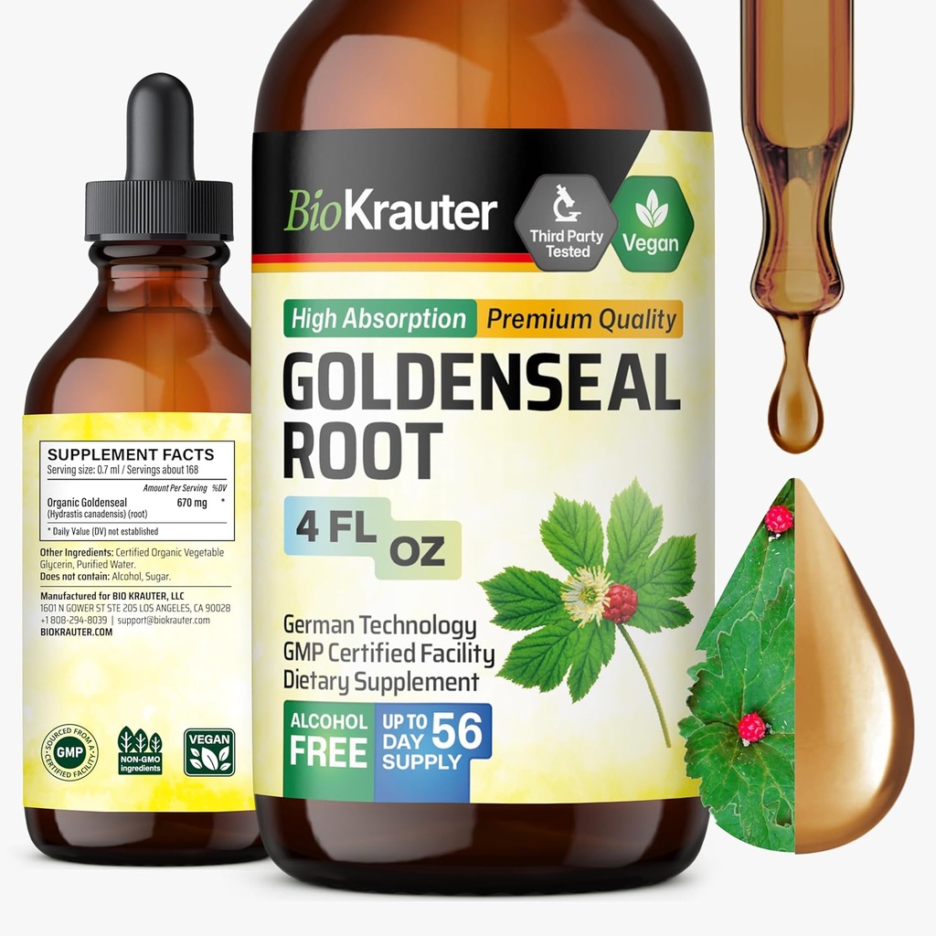 BIO KRAUTER Goldenseal Tincture - Vegan Lung Cleanse & Detox - Golden Seal Herb Suplemento - Alcohol &amp; Sugar Free Drops - 4 Fl.Oz.