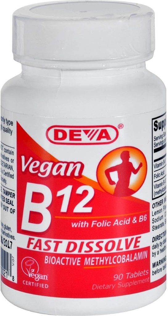 Deva Nutrition Vegan B12 Sublingual 1000 mcg con ácido fólico y B6 no certificado Kosher - 90 Tablet by Deva Nutrition