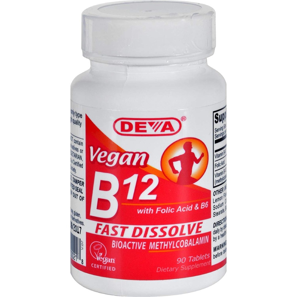 Deva Nutrition Vegan B12 Sublingual 1000 mcg with Folic Acid and B6 Not Certified Kosher - 90 Tablet by Deva Nutrition