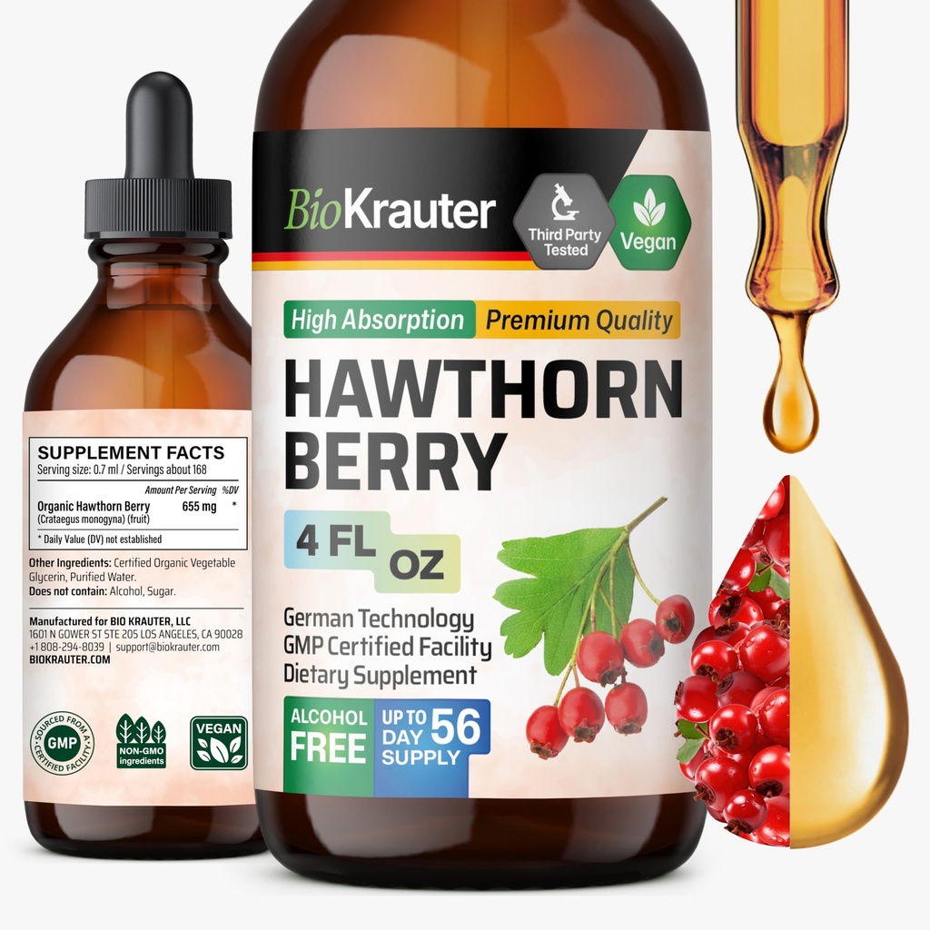 BIO KRAUTER Hawthorn Berry Extract Tincture - Natural Hawthorne Berry Suplemento - 100% Pura Fórmula - Vegan Sugar & Alcohol Gratis - 4 Fl. Oz. - 56 Día de Suministro