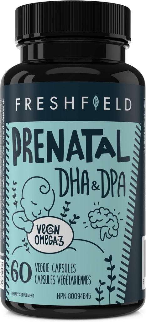 Freshfield Prenatal Vegan Omega 3 DHA: Sostenible, Carrageenan Libre, Tercera Parte Probada, Botella Compostable, Carbon Neutral. Apoya Corazón, Cerebro, Salud Conjunta w/DPA