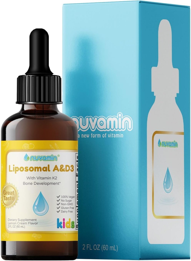 Nuvamin – Liquid Liposomal Vitamin A & D3 Drops with K2 for Baby Toddlers Kids & Adults, 800 IU/mL, 2 Fl.Oz (60ml), 120 Daily Serving, Great Taste - All Natural - Superior Absorption, Lemon Flavor