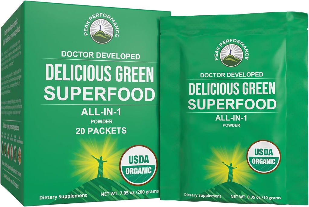 Rendimiento de pico Ecológico Verdes Superfood Powder Solo Servir Packets de viaje. Mejor Tasting Organic Green Juice Super Food con 25+ Todos los ingredientes naturales para Max Energy. (20 Pack)