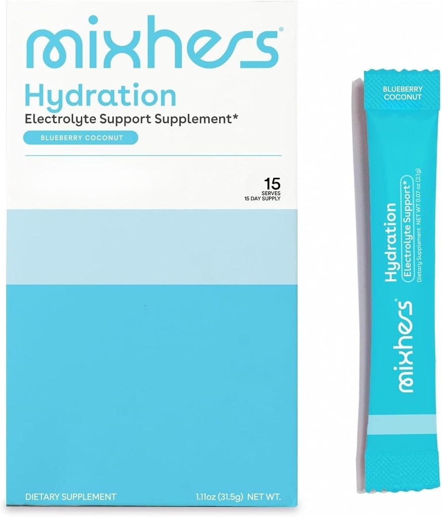 MIXHERS Hydration Electrolyte Support Supplement ←Bebidas de hidratación con vitamina C, hierro, " Zinc ← Sugar-Free " Plant-Based ← Blueberry Coconut Flavor  15 Stick Packets