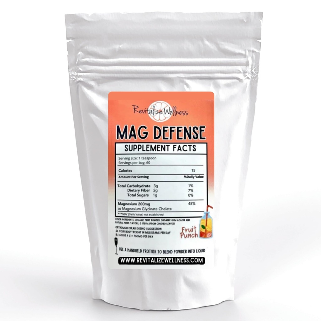 Mag Defense Powder | Orthomolecular Dose of Magnesium 200 mg as Magnesium Glycinate Chelate | Pure, Corn Free, & GMO-Free | Fruit Punch Flavor | 60 Servings