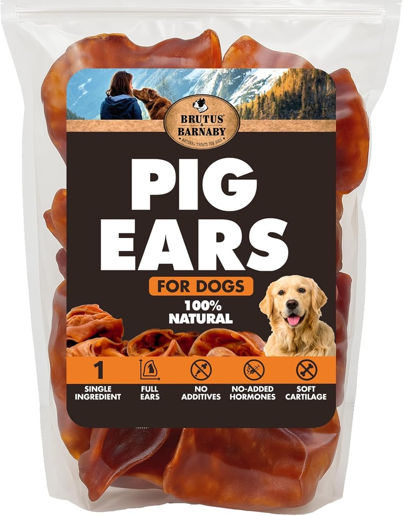 BRUTUS & BARNABY Whole Pig Ears for Dogs, 12 Ct. – All-Natural Single Ingredient Dog Chews, Slow Cooked & Fully Digestible Rawhide Alternative