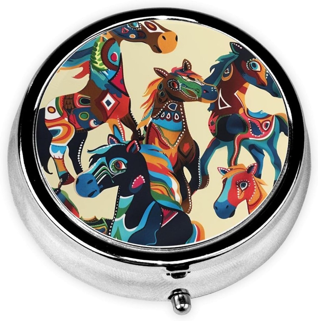Colorido Caballo de Caricatura Impreso Organizador de Pill Ronda con 3 Compartimientos, Caja de Pill Mini Portable para Medicina, Vitamina, Aceite de Pesca, Suplementos