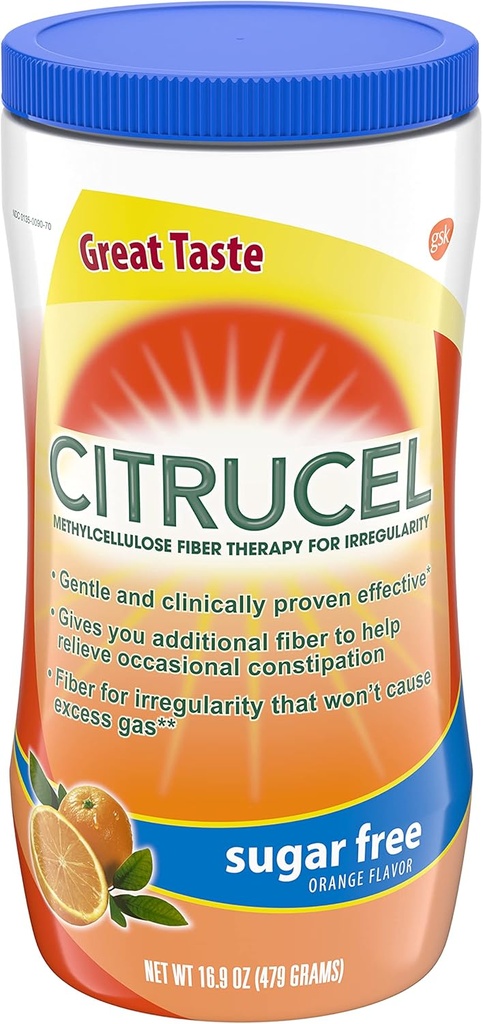 Citrucel Sugar Free Orange Flavor Methylcellulose Fiber Therapy Powder for Regularity, 16.9 onza (Pack of 3)