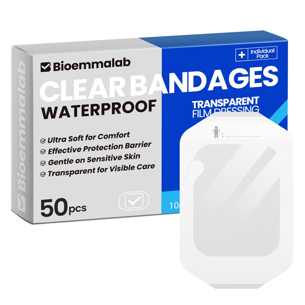 Grandes Bandages impermeables vestidos claros tatuaje Tape Sensitive Skin Wounds Care, Transparent Film Dressing Adhesive Occlusive Patch for Post Surgical Use, 4" x 4 3/4", 50 Packs