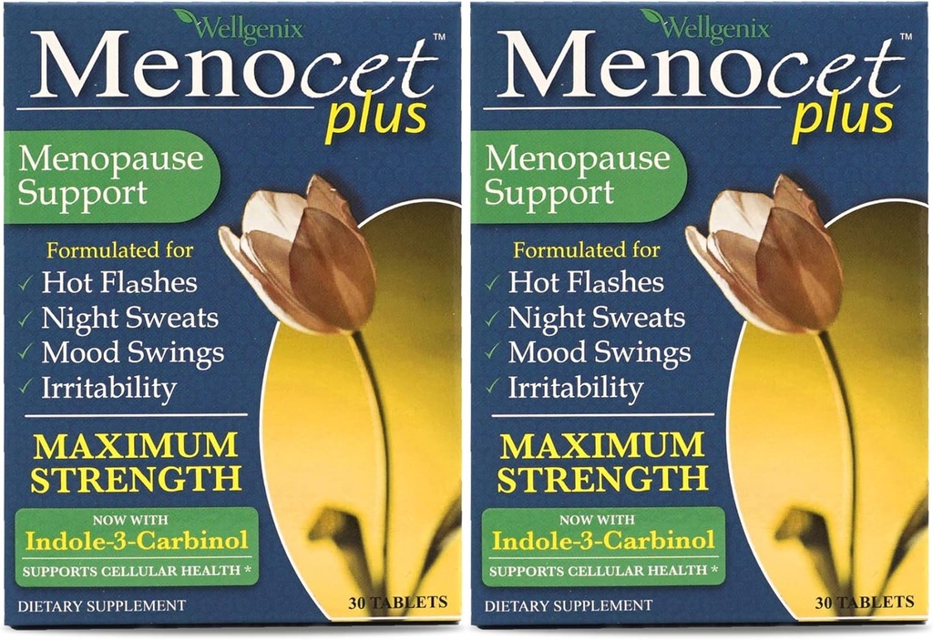 Wellgenix Menocet Plus Menopause Support - Suplemento de la menopausia todo en uno - Cuidado diario de las mujeres - Flash calientes, sudaderas nocturnas, costuras de orina - 30 tabletas (Pack of 2)