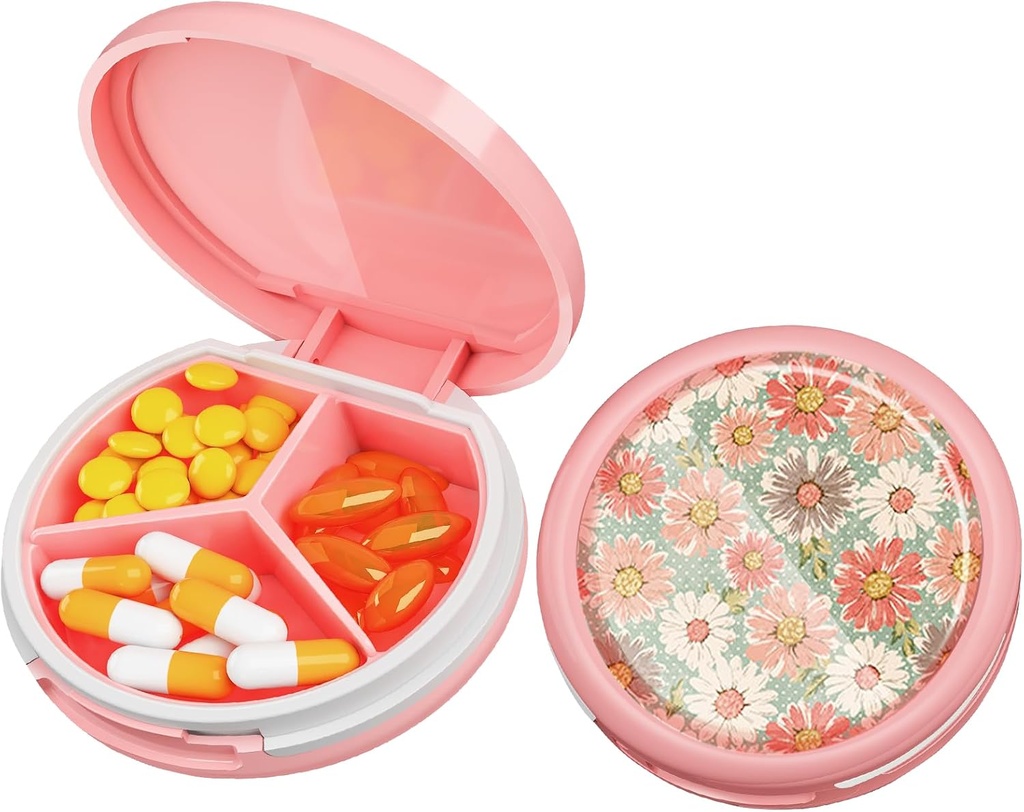 Serfeymi Small Pill Box - 3 Compartimientos Caja de Píldora Portátil, Caja de Píldora compacta Mini Travel Pill - Apto para Medicina, Vitamina, Petróleo de Pesca, Suplementos - Rosa(Daisy)