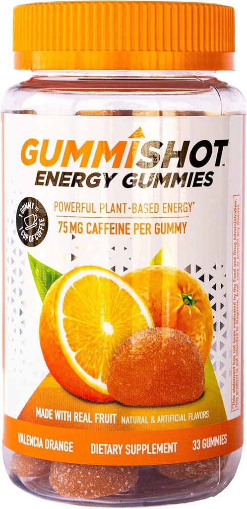 GummiShot Energy Gummies, 2475 mg de cerdas de cafeína de base vegetal por botella, botadores de energía duradera, Valencia Orange (33ct)