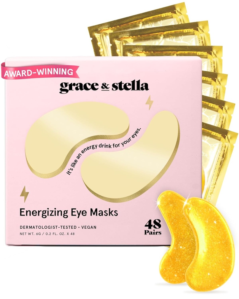 Premio de gracia &amp; estela Ganando bajo máscara de ojos - Esenciales de viaje - Regalos de cumpleaños para mujeres - Patches de ojos de gel para círculos oscuros, ojos hinchados, arrugas, bolsas de Undereye - Cuidado de uno mismo vegano (48 pares, oro)