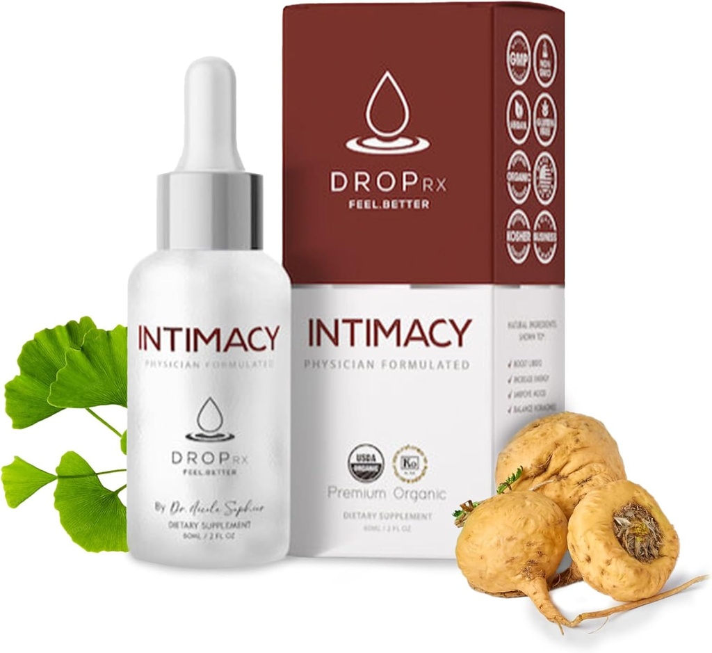 Drop Rx Intimcy by Dr. Nicole Saphier – Organic Maca Root, Ginkgo Biloba & Tribulus Terrestris, Liquid Supplement for Support, Non-GMO, Vegan, Gluten-Free, Kosher, Made in USA (2 Fl Oz)