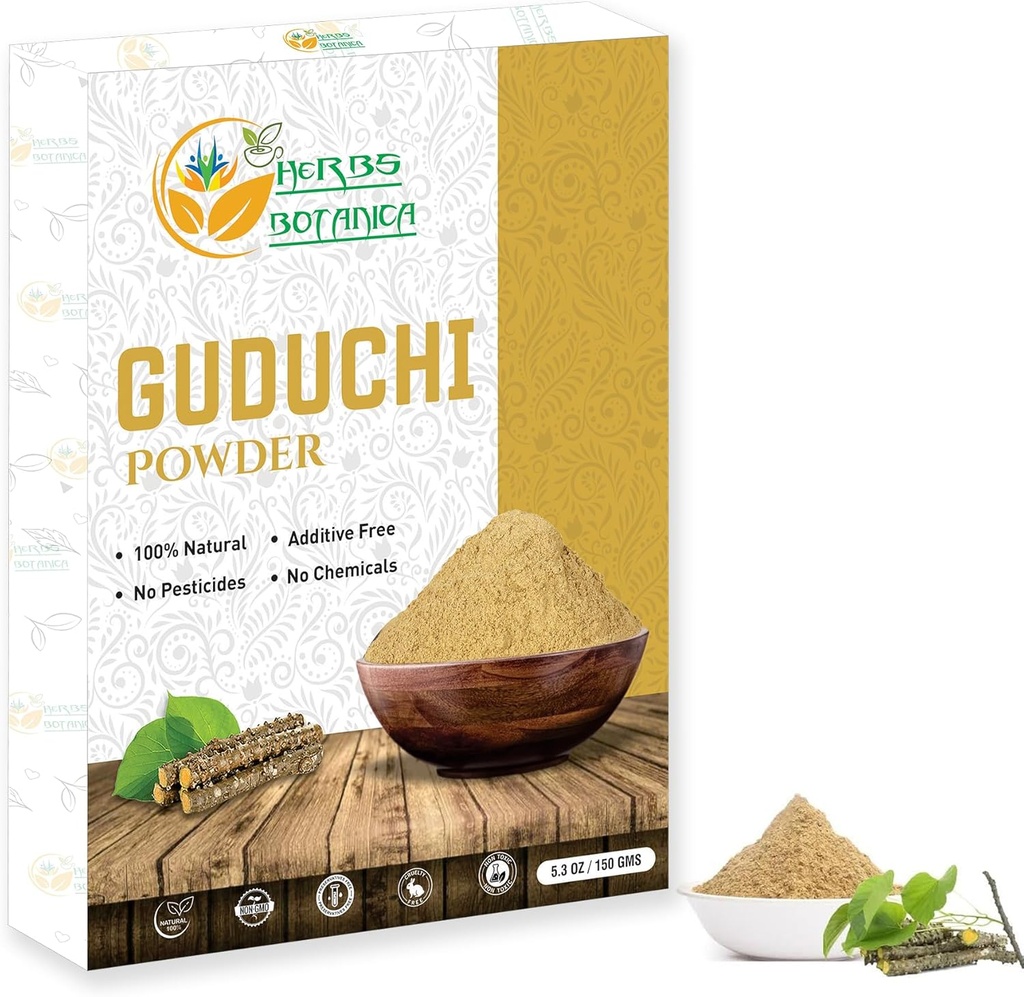 Herbs Botanica Guduchi Powder USDA Organic Neem Giloy Powder  Tinospora cordifolia ← Herbsl Supplement for Immune Support, Digestion 5.3 Oz / 150 GMS