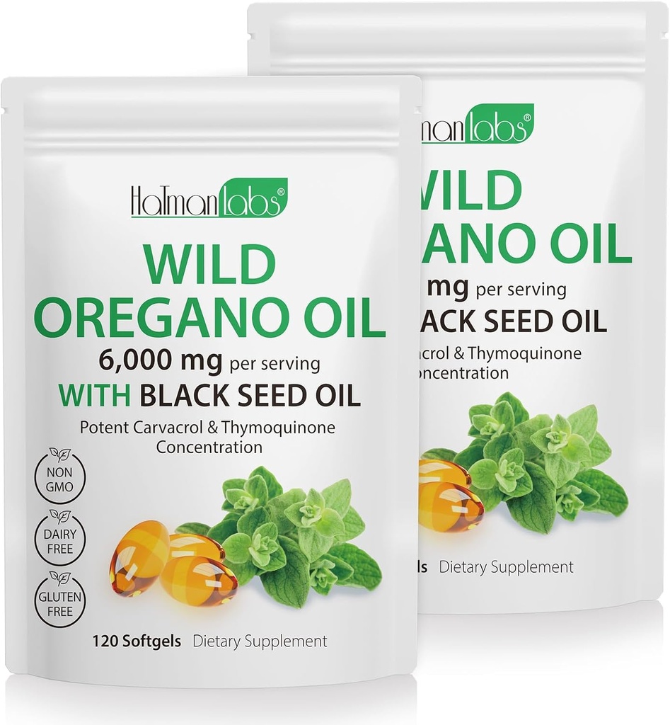 Aceite de cápsulas de orégano - 2 en 1 6000mg Aceite de orégano con aceite de semilla negra 200mg - Suplemento de aceite de orégano cápsulas - Soporte digestivo " Antioxidante, soporte no digestivo (2 Pack)