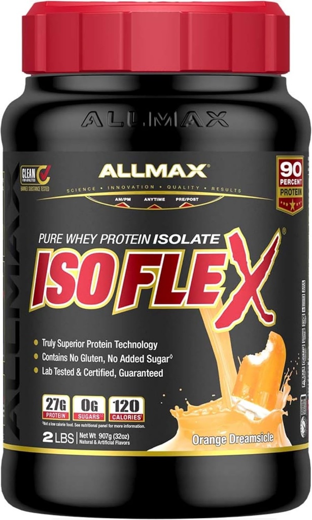 ALLMAX Nutrition ISOFLEX Whey Protein Isolate, Orange Dreamsicle - 2 lb - 27 Gramos de Protein Por Scoop - Zero Fat & Sugar - 99% Lactose Gratis - Gluten Free &amp; Soy Gratis - Aproximadamente 30 Servimientos